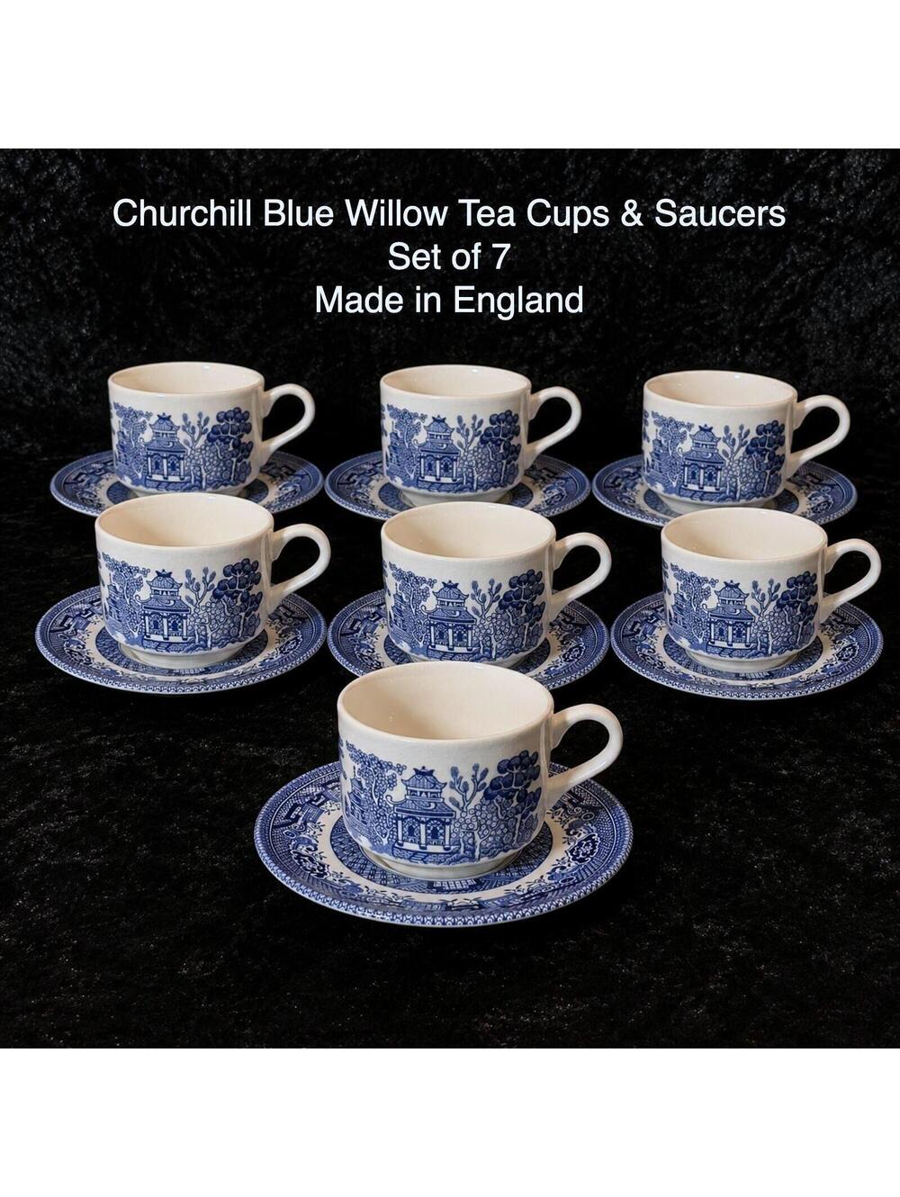 Vintage Churchill Blue Willow Tea Cups & Saucers Set of 7 Made in England - H215